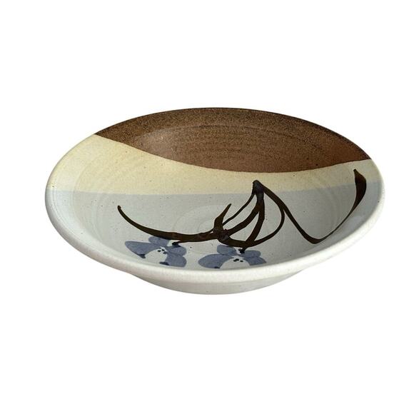 11 1/4” Stoneware Bowl Signed (Gary) Shaffer Blue Flowers Brown Yellow Dish - Picture 9 of 12